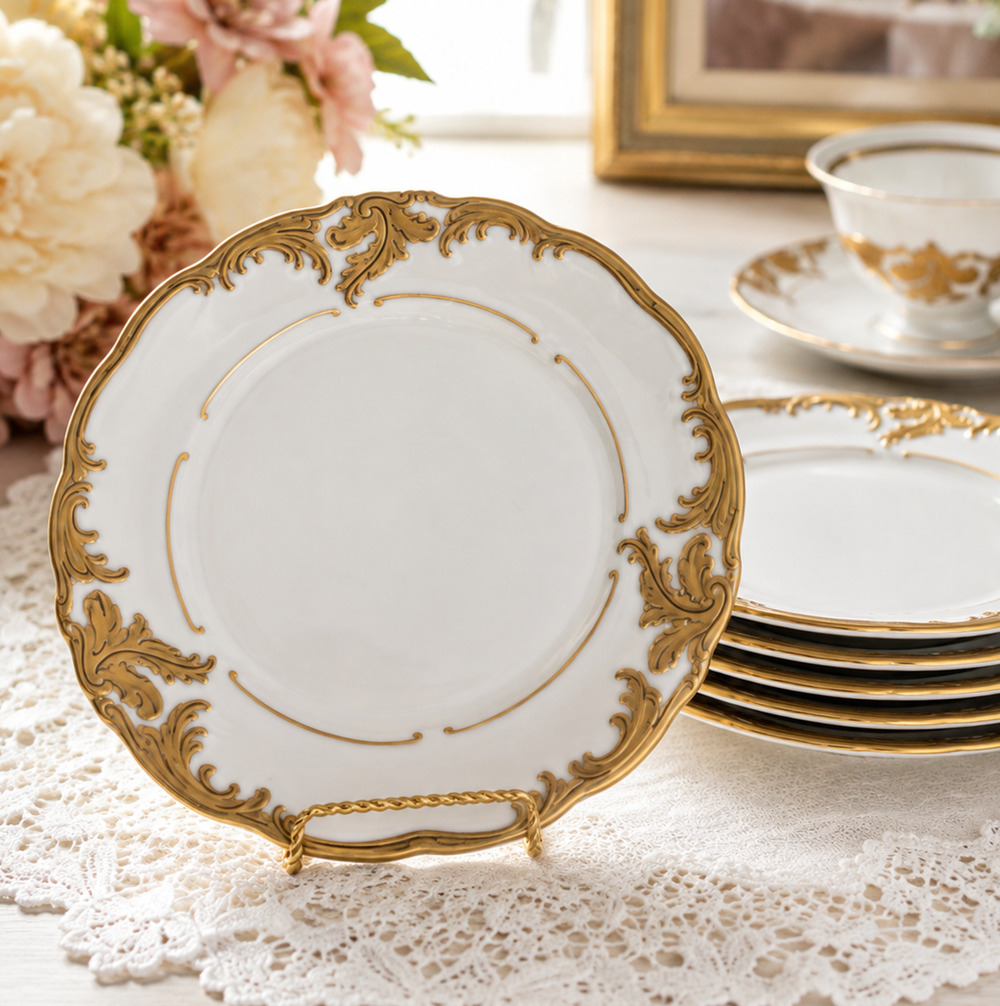 Vintage Walbrzych Wawel Poland 5450 Cake Plates Set of 6 Gold Gilt 6.75" Rococo
